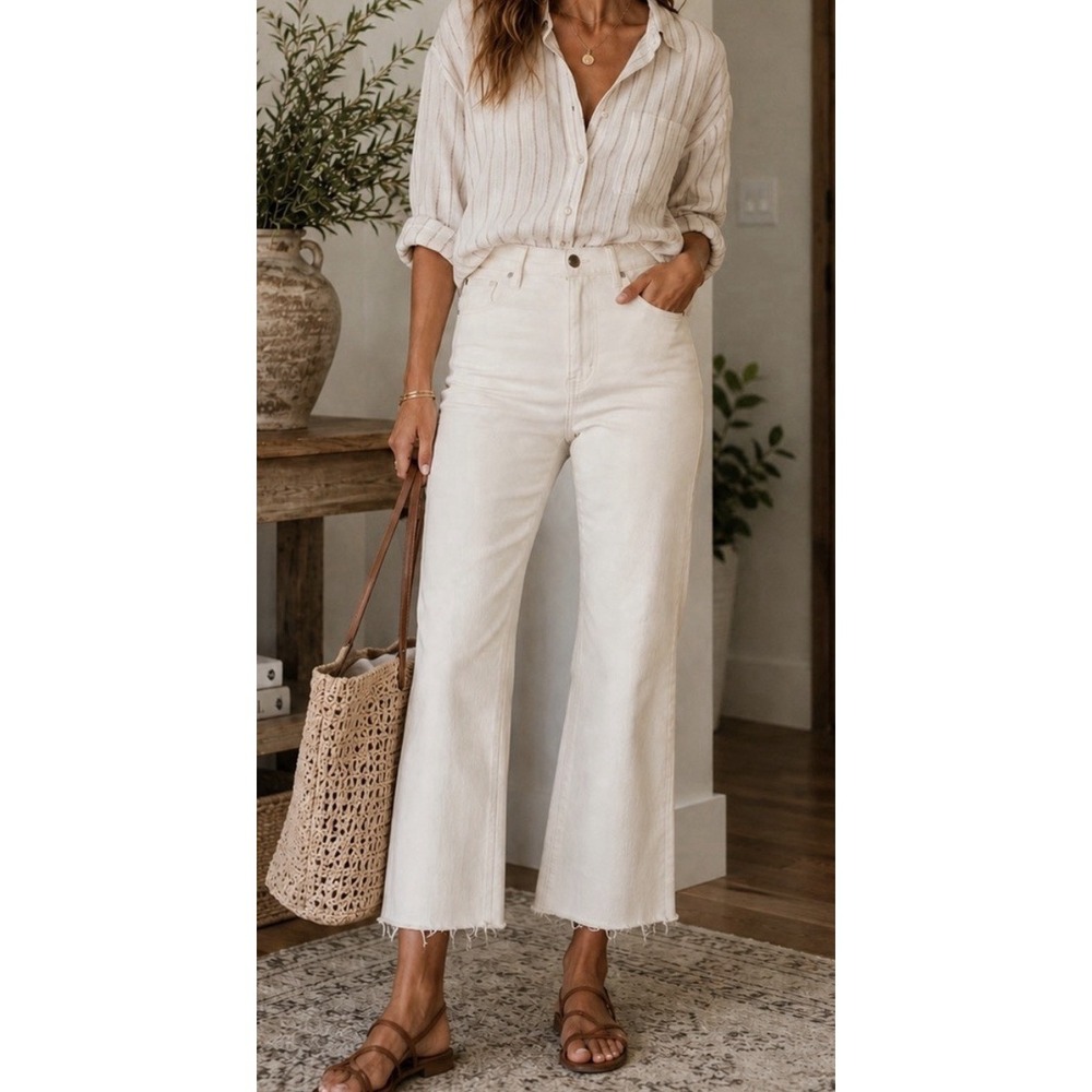 ROLLA'S East Coast High Rise Flare Jeans Ivory Cotton Raw Hem NWT Women's 29